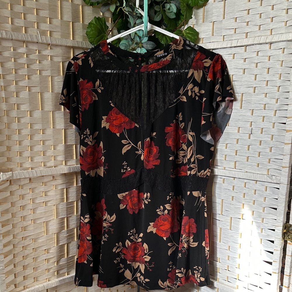 Torrid Black and Red Floral Blouse